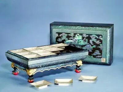 ▲清代黑漆嵌螺钿双龙戏珠长方攒盒,为琉球王国螺钿漆器贡品,现藏于北京故宫博物院。(图片来源:光明日报)