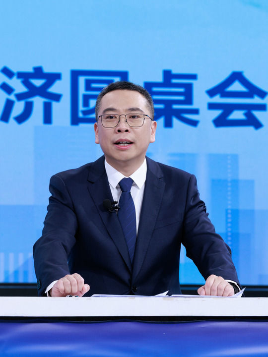 交通运输部水运局副局长王辉在第三十三期“中国经济圆桌会”大型全媒体访谈节目录制现场发言。新华社记者 陈益宸 摄