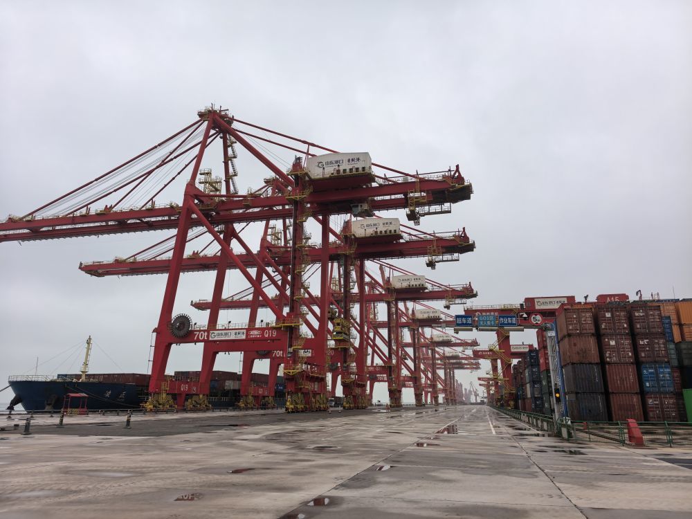 日照港自动化双悬臂轨道吊装卸集装箱货物。新华社记者王志 摄