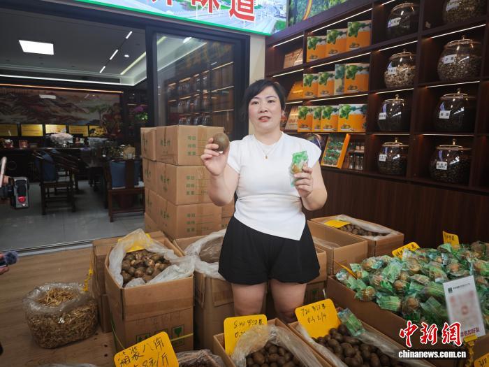 广西玉林福达国际香料物流港一隅,商户韦丹迪向记者展示广西特色香料罗汉果。中新网记者 刘越 摄