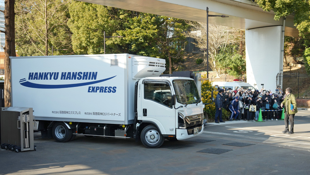 1月27日,旅日大熊猫“晓晓”和“蕾蕾”由卡车运载从东京上野动物园出发,踏上回国之旅。