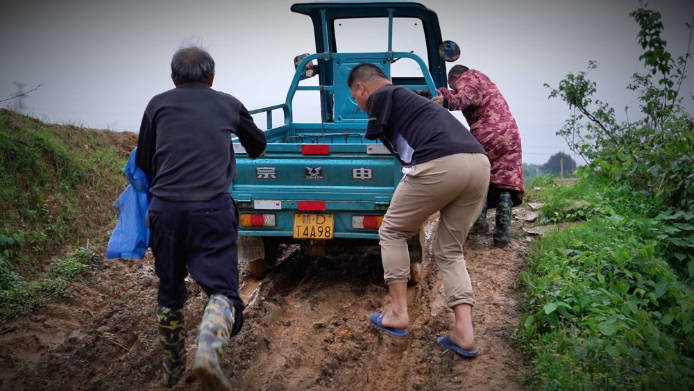 周绍芙帮助一位残疾人养殖户推车（4月15日摄）。新华社记者 周密 摄