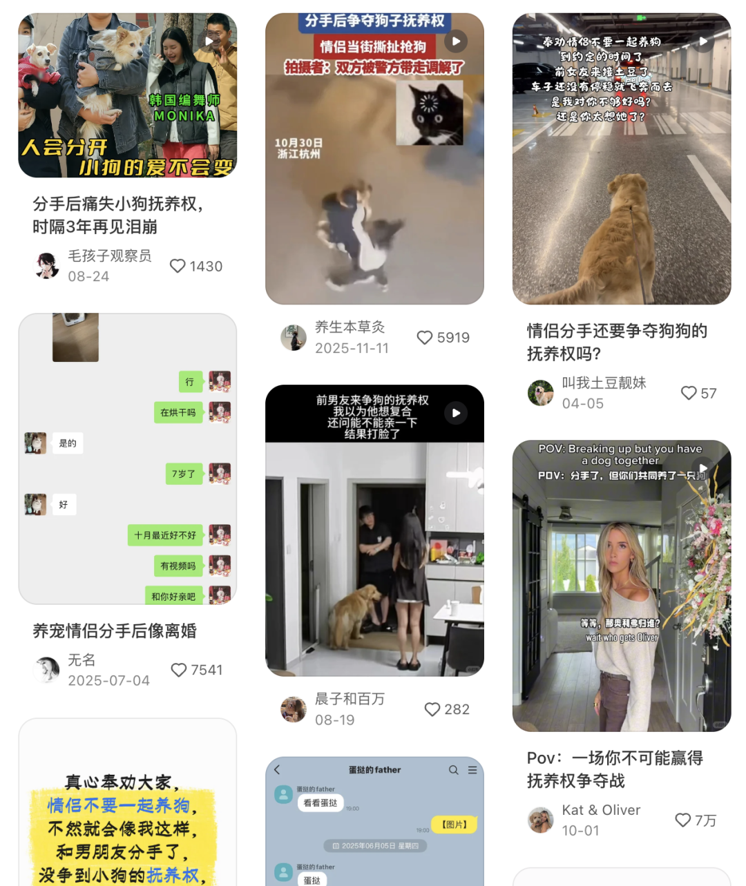 社交平台上，“情侣分手后宠物归谁”的讨论众多