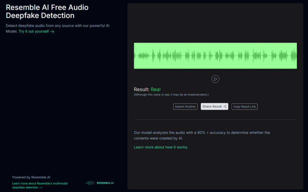 深伪检测工具Resemble AI反馈,争议片段的音频是真实的人声。
