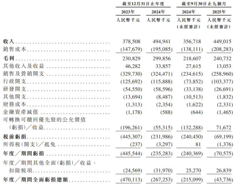 公司综合损益及其他全面收益表，图片来源于招股书
