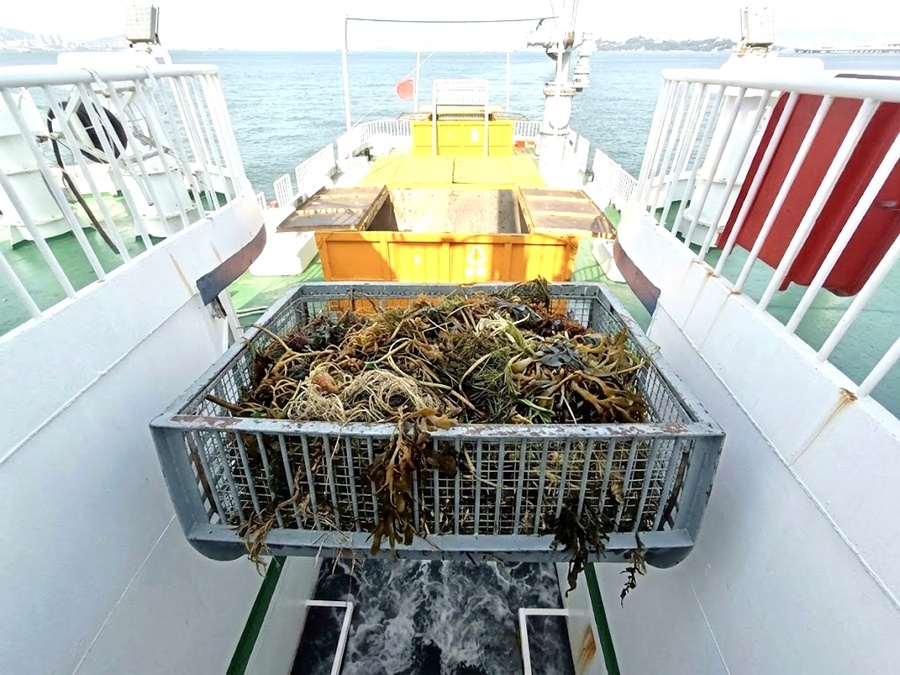 海域保洁船舶正在使用液压翻斗自动打捞海洋垃圾。厦门市政集团供图