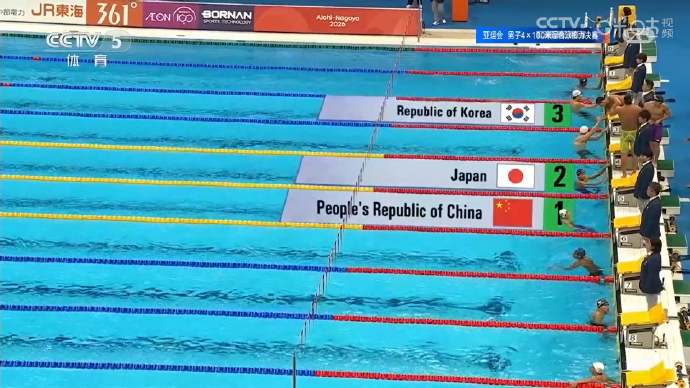 中国队男子4x100米混接夺金 名古屋亚运会男子4x100米混合泳接