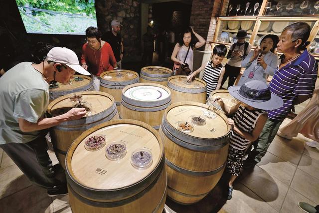 酒庄内,游客细辨各类酒香。记者 李靖 摄