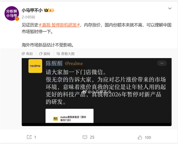 受芯片价格暴涨影响!网传真我2026年新产品研发将被暂停