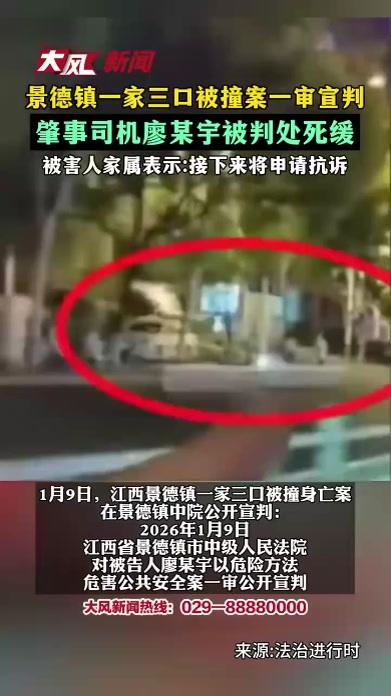 景德镇一家三口被撞案一审宣判 肇事司机廖某宇被判处死缓 被害人家属表示：接下来将申请抗诉