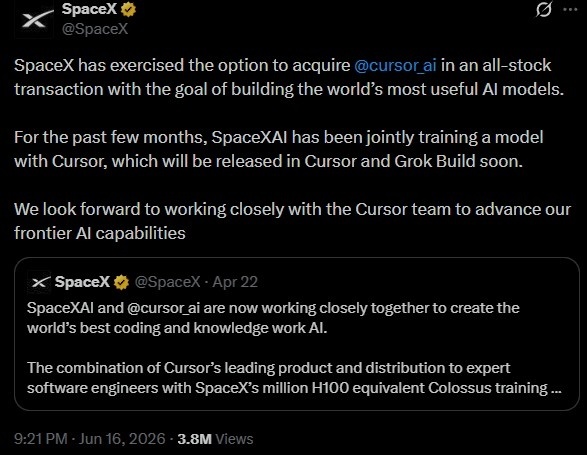 SpaceX以600亿好意思元收购Cursor