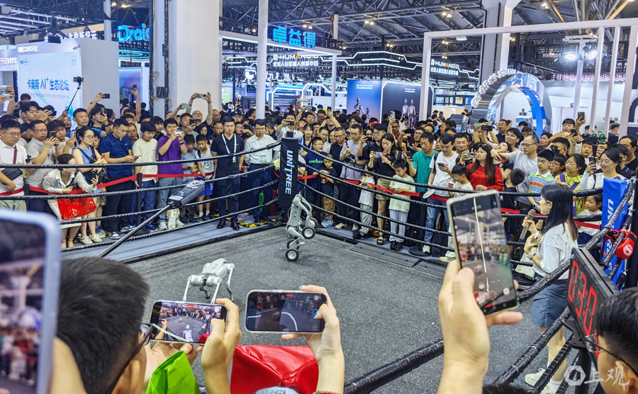 资料图:2025世界人工智能大会,馆内机器人互动展示 摄影:陶磊