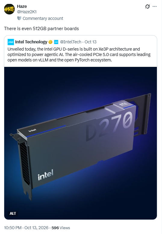 突破官方480GB上限!英特尔D系列GPU再曝料:非公版给到512GB大显存