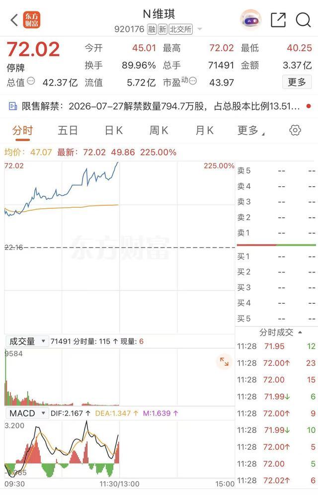 维琪科技上市首日的股票分时行情界面