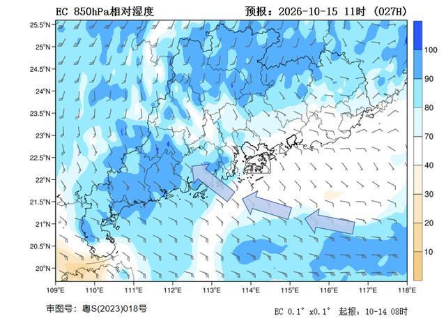 EC数值模式显示10月15日起偏东到东南气流加强