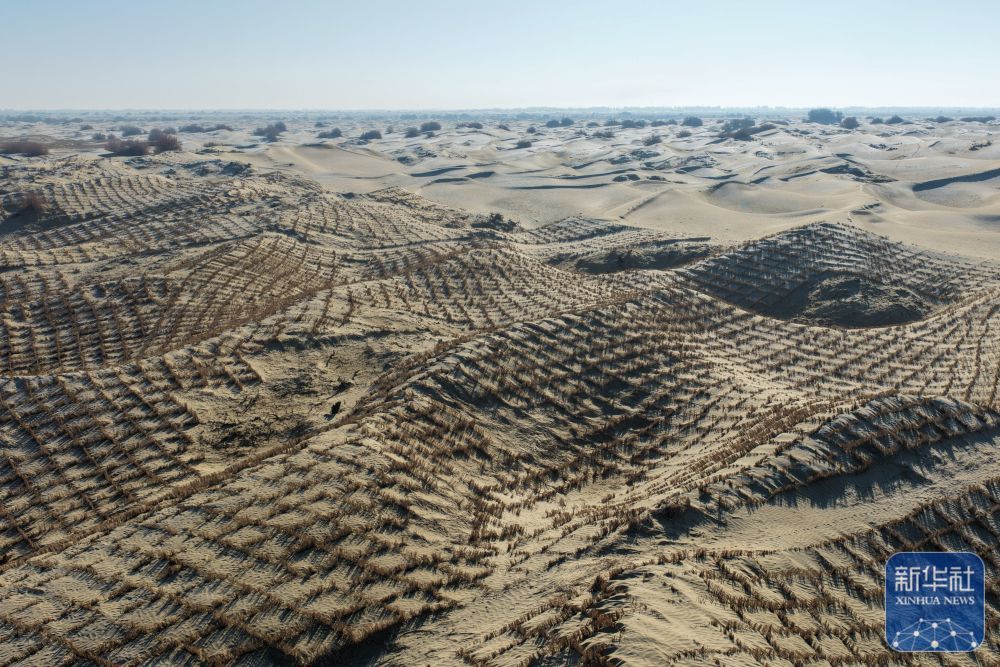 ↑ 这是在新疆和田地区墨玉县喀瓦克乡周边沙漠拍摄的草方格（1月11日摄，无人机照片）。