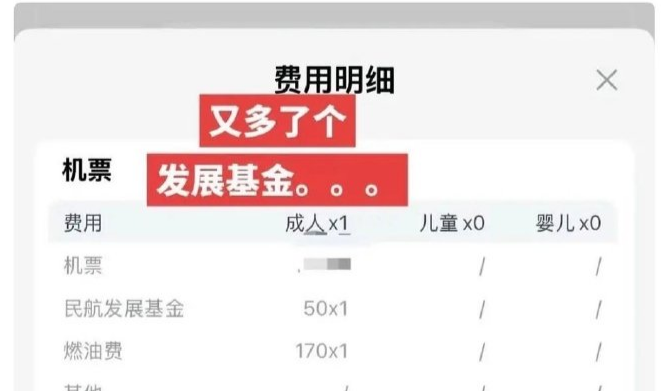 ▲有网友贴图称机票购买明细中多出了一个“民航发展基金”