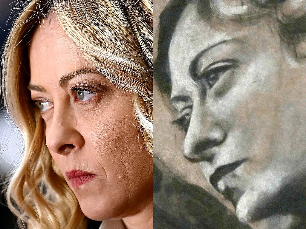 意大利总理梅洛尼照片(左)与修复后的教堂壁画对比图。(视觉中国)