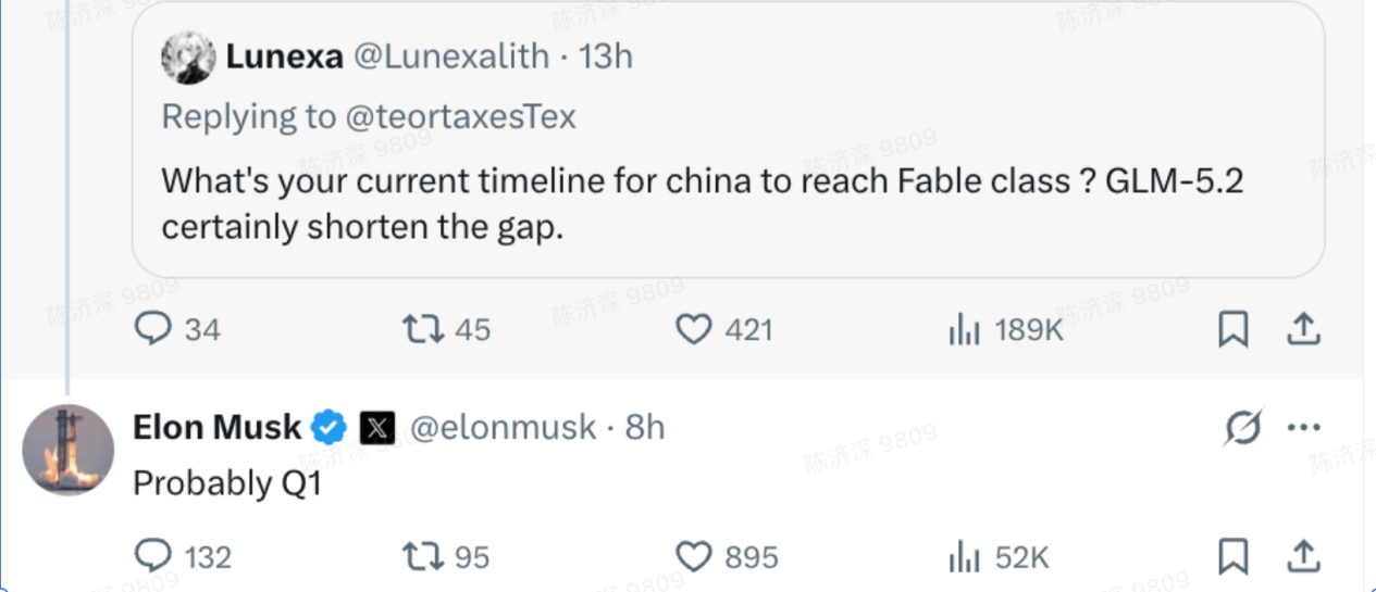 马斯克在酬酢平台X上回复网友发问，称中国大模子达到Fable水平“可能在（2027年）一季度”