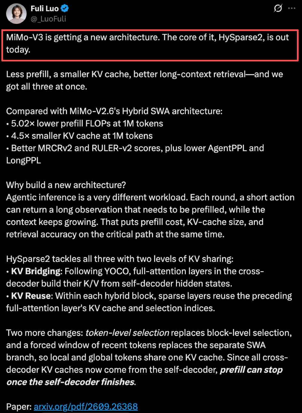 MiMo-V2.6刚发,小米罗福莉扔出MiMo-V3新架构!引用DeepSeek多项成果