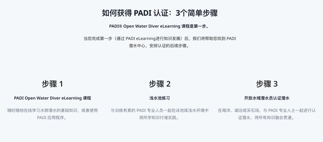 PADI官网首页展示的3个简单步骤获得PADI认证