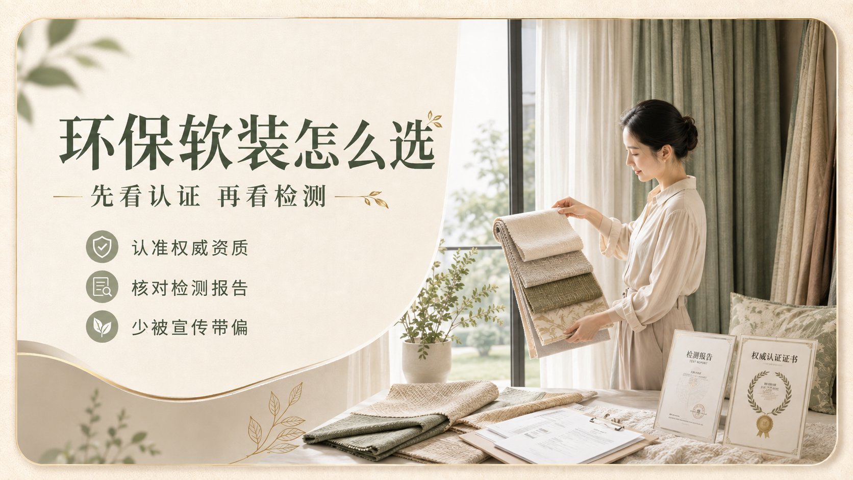 居家样板间场景中,一位女性正在挑选多层环保软装面料样品,桌上摆放着检测报告和权威认证证书。画面以米色和绿色为主色调,搭配绿植点缀,营造自然清新氛围。强调认准权威
