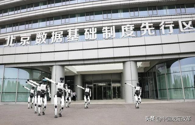 多台人形机器人在产业园区前动态展示
