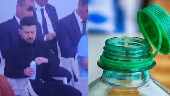 图为外媒报道配图，左图为泽连斯基在欧洲一场活动上拧瓶盖喝水画面，相关举动引发热议。