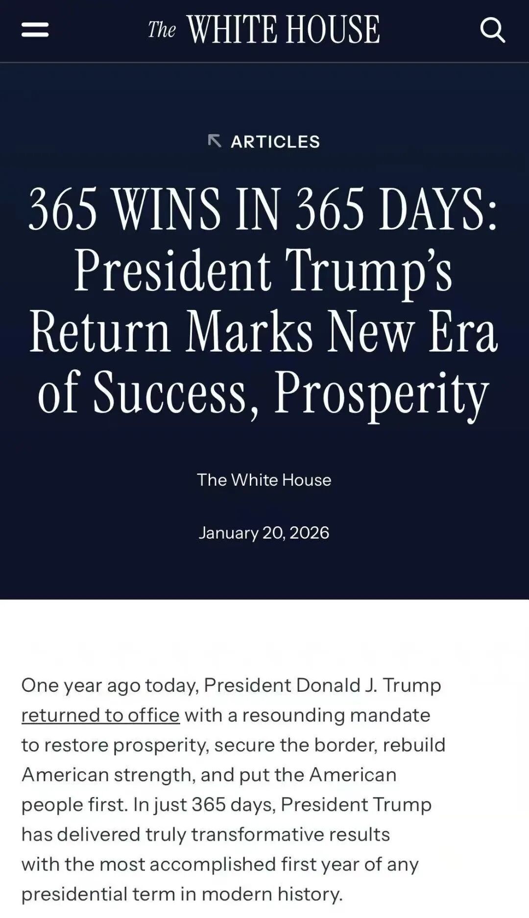 ◆当地时间1月20日,白宫发文庆祝特朗普第二任期一周年,并表示“其执政第一年开启了美国成功与繁荣的新篇章”。