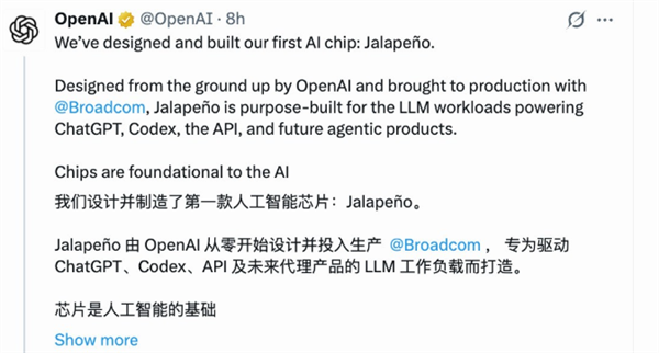 OpenAI发布首款自研AI芯片 取名墨西哥辣椒 从设计到流片仅9个月