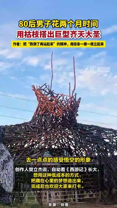 80后男子花两个月时间，用枯枝搭出巨型齐天大圣，作者：把“跌倒了再站起来”的精神，用枝条一根一根立起来。#80后男子用枯枝搭出齐天大圣