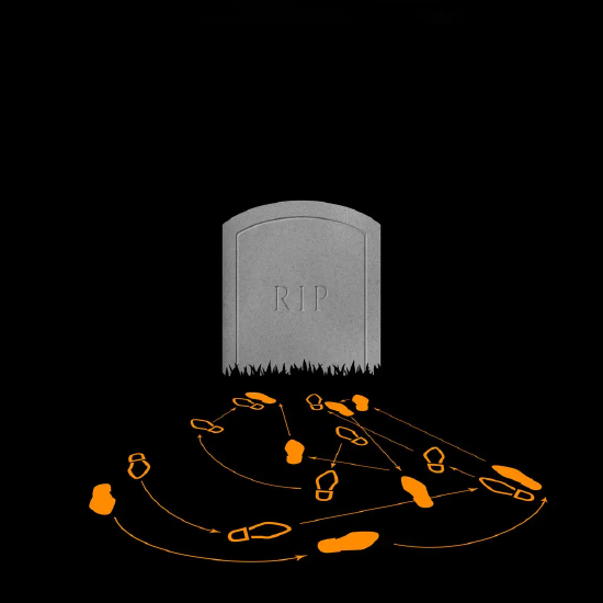 黑色背景下一块灰色墓碑,中央刻着 “安息”(RIP),碑底边缘残破。墓碑下方是几只橙色鞋底 —— 有的仅勾勒轮廓,有的已填色 —— 箭头标示出舞步轨迹。