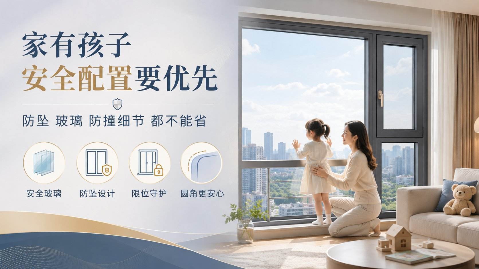 现代简约风格客厅,母亲陪伴幼童在深灰色落地窗前眺望城市景观。海报左侧强调“家有孩子安全配置要优先”,详细展示门窗安全特性:包括多层安全玻璃、防坠设计、限位守护锁