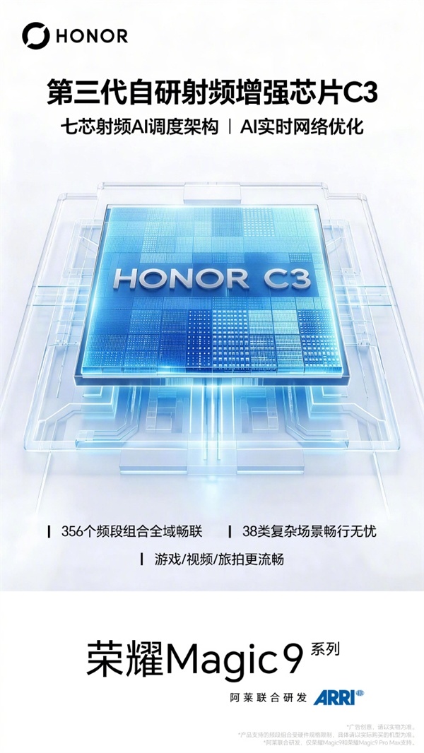 荣耀Magic9系列搭载第三代自研射频增强芯片C3:AI实时网络优化