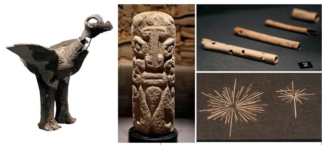 左：石峁遗址出土文物：陶鹰 图/视觉中国 中：石雕 图/视觉中国 右上：骨管哨 摄影/本刊记者 倪伟 右下：骨针 图/视觉中国