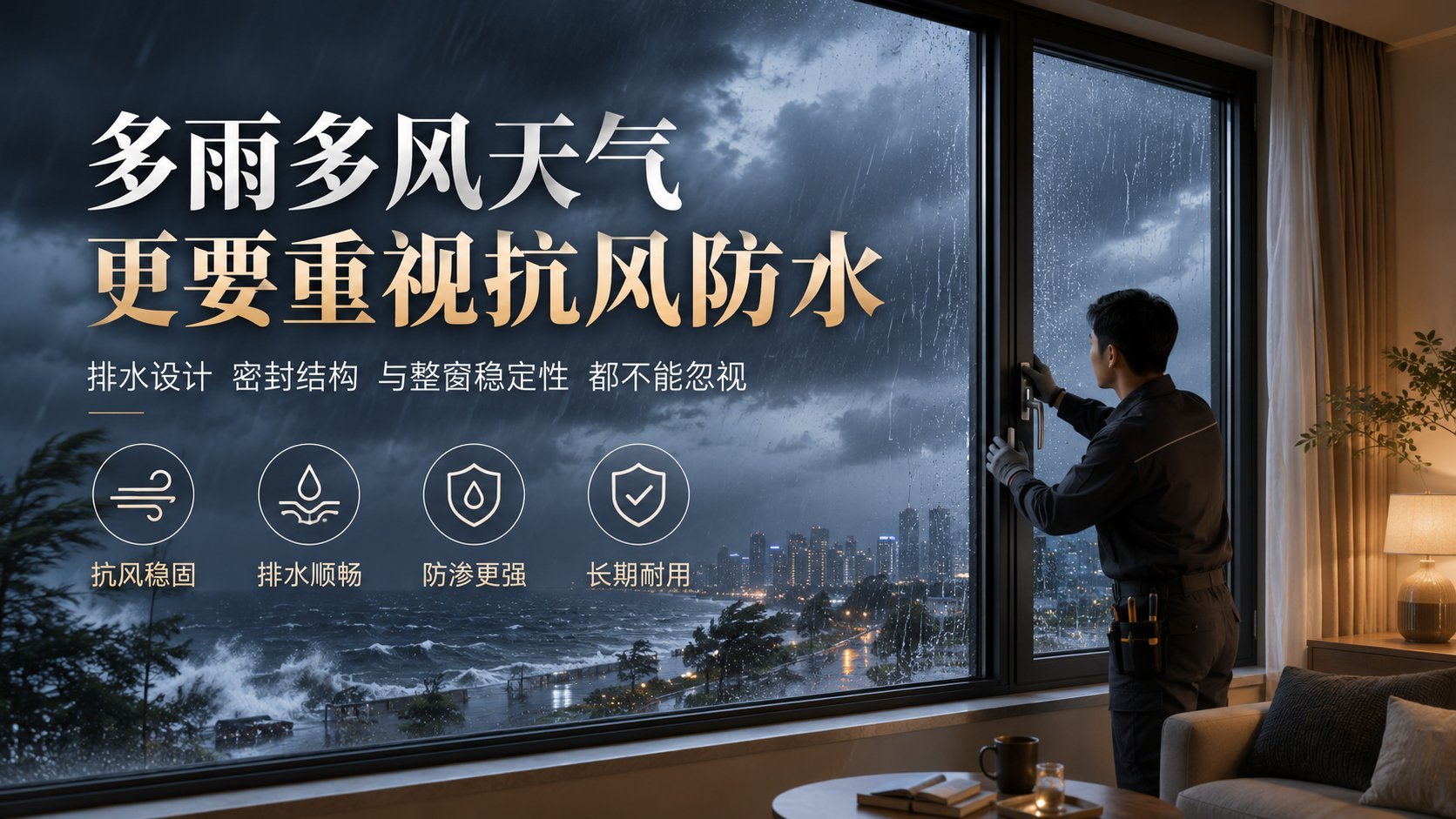 画面展示了暴雨天气下的居家场景，窗外狂风巨浪与室内温馨宁静形成强烈对比。一名身穿工装的工人正在检查黑色边框的大落地窗，强调其密封性与稳定性。图片突出了窗户的排水