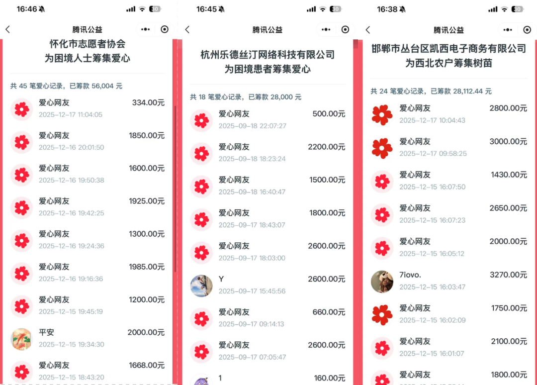 微爱基金会在腾讯公益平台上的相关筹款项目,连续出现多次金额数百到上千的捐赠。
