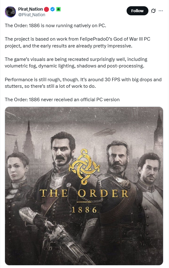 《战神3》移植大佬再出手!《教团:1886》实现PC原生运行:平均30帧