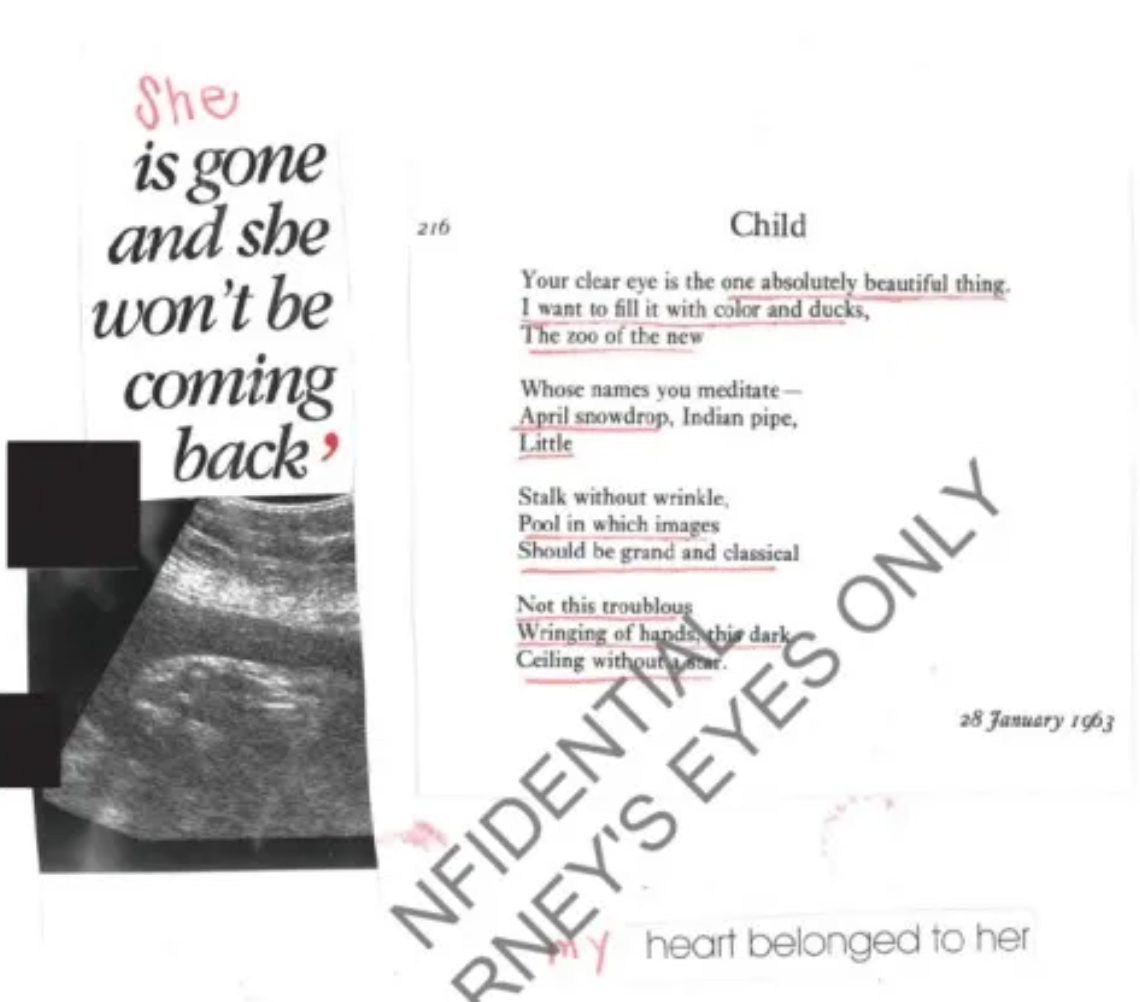 ▲这名受害者的日记中附有B超照片,写着“她走了也不会再回来了”,旁边还附上了美国女诗人西尔维娅·普拉斯创作于1963年的诗歌《孩子》