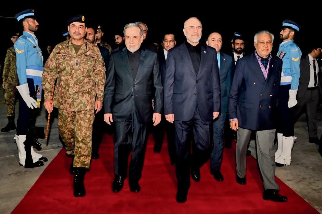 4月11日,抵达巴基斯坦的伊朗议长卡利巴夫(中右)和伊朗外长阿拉格齐(中左)。图/视觉中国
