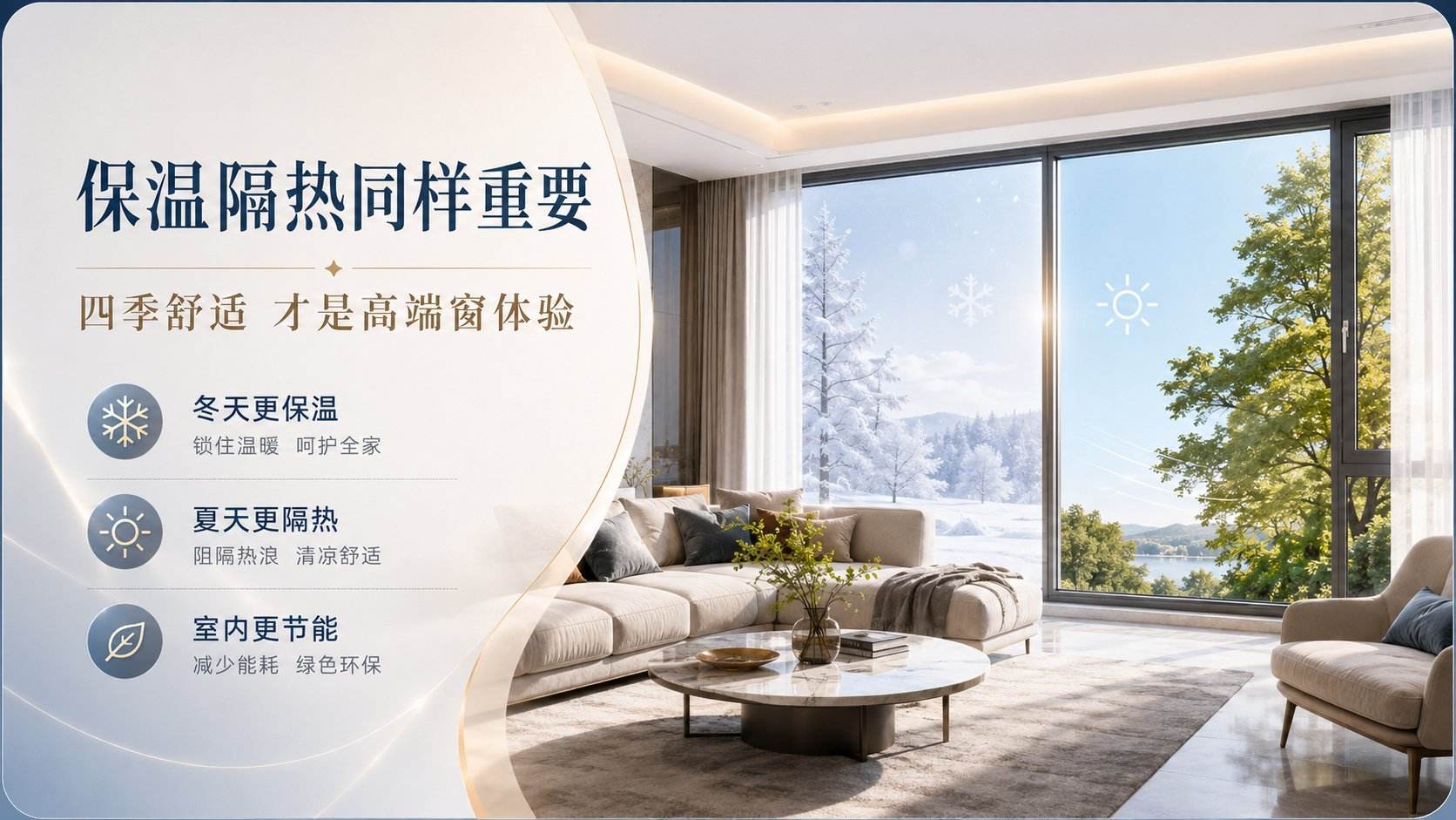 这是一张高端门窗产品的宣传海报。画面右侧展示现代简约客厅，透过宽大落地窗呈现冬雪与夏阳的对比场景，直观体现四季舒适。左侧文案强调“保温隔热同样重要”，列出冬天保