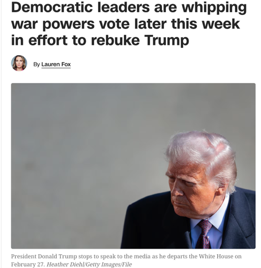 △CNN报道,民主党强力推动“战争权力决议”,希望对特朗普政府发出政治警示。