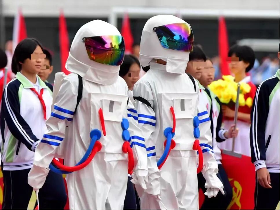 南方某中学运动会,学生身穿宇航服出场。图/中新图片 中新社记者 张斌 摄