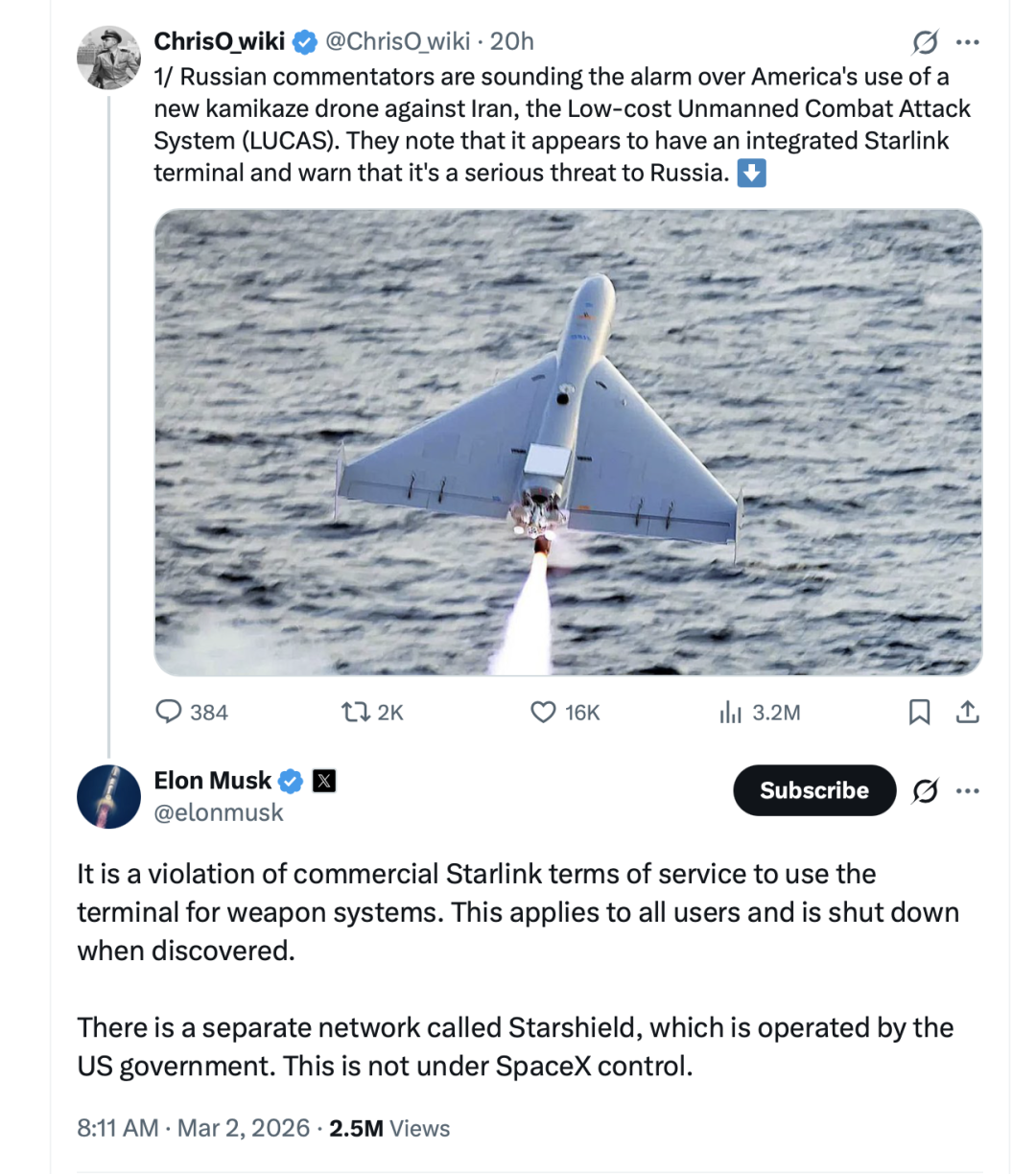 马斯克强调星链不允许用于军事目的,但星盾可以