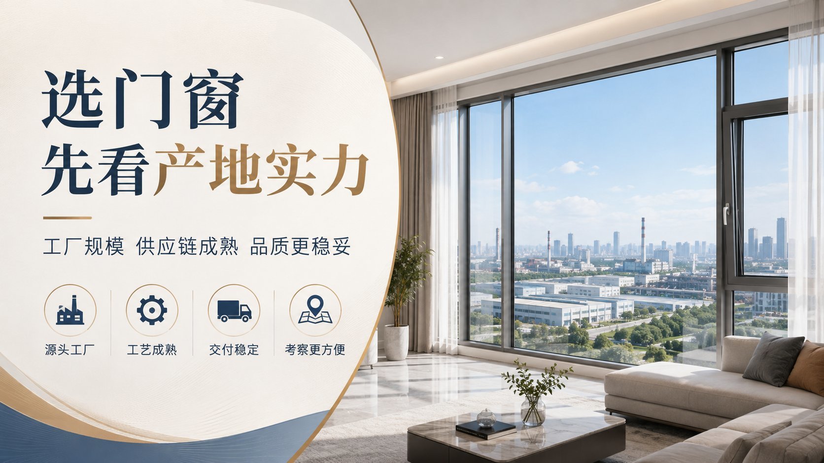 这是一张强调门窗产地实力的宣传海报。画面右侧为现代简约风格的居家样板间，安装有大面积深灰色落地窗，窗外清晰可见工厂园区与烟囱，直观呼应“产地实力”。左侧文案醒目