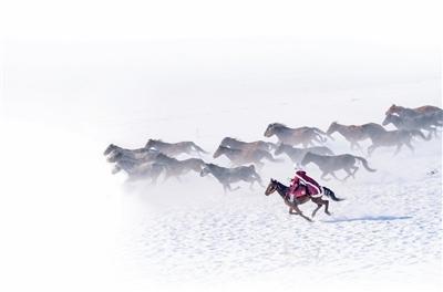 2020年12月31日,贺娇龙在昭苏县天马旅游文化园策马雪原。 新华社记者 白志强摄