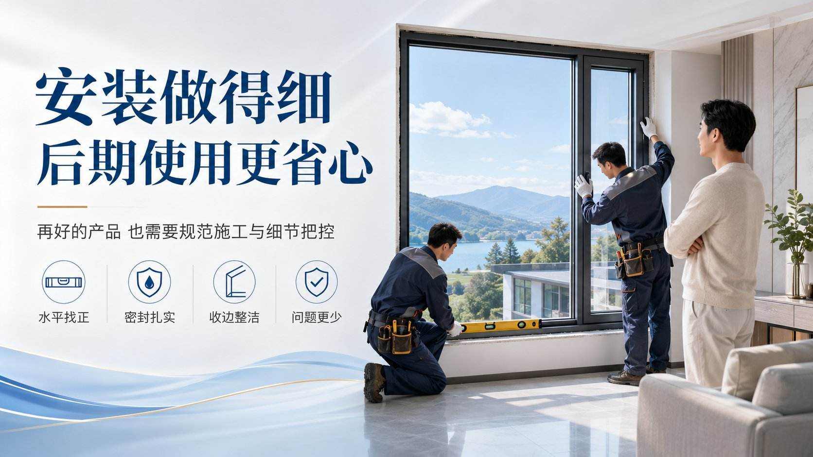 明亮的现代家居室内，两名身穿深蓝色工装的安装师傅正在规范安装黑色边框的大落地窗，一名业主在一旁监工。工人使用黄色水平尺进行水平找正，佩戴工具包，动作专业。画面强