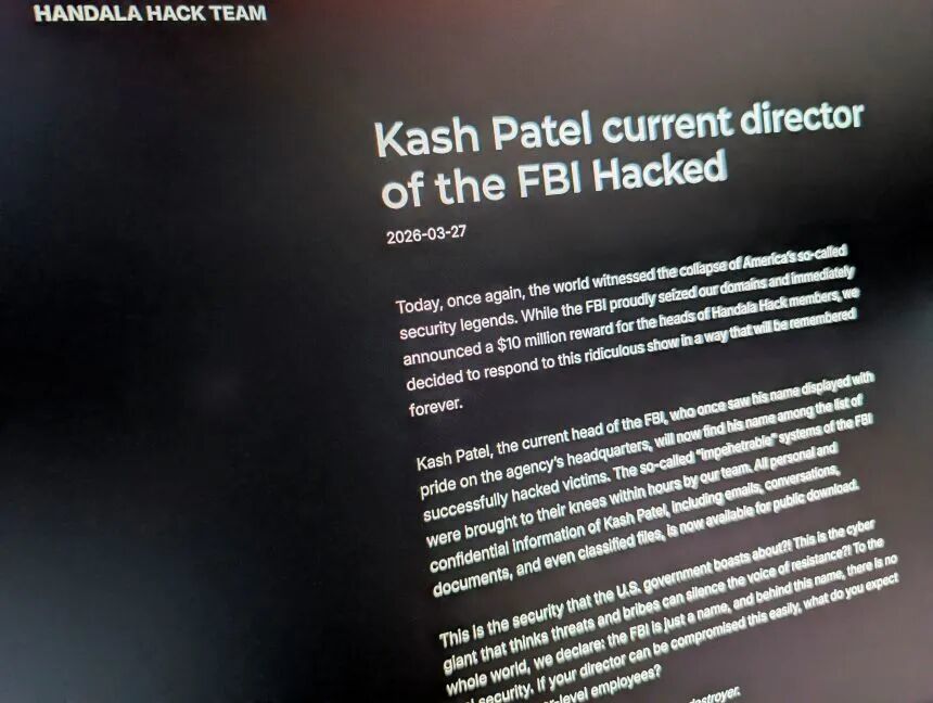 The website used by the Handala Hack Team, an Iran-linked hacker group which has claimed credit for the breach of FBI Director Kash Patel’s personal email, is shown on a screen in Washington, DC, on Friday.