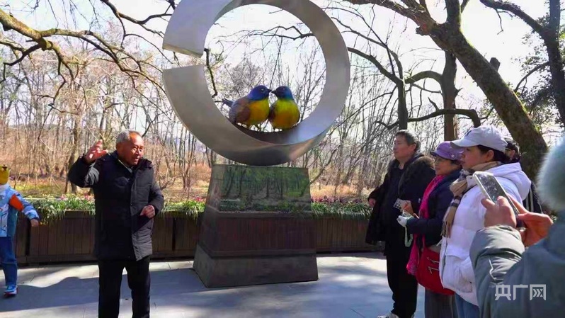 石门村村民为游客讲解蓝冠噪鹛生活习性（央广网发 戴鸿 摄）