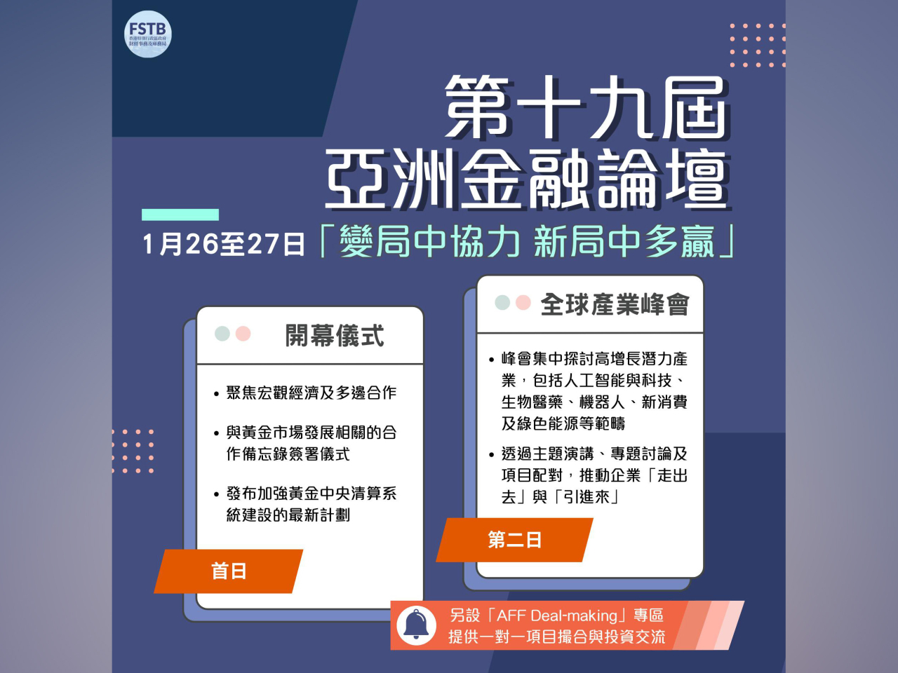 香港在本月26日至27日将举办第十九届亚洲金融论坛,并首次新增“全球产业峰会”环节。(财库局社交网站图片)